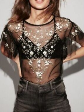 Express Black Sheer Floral-Embroidered Camisole with Gold & White Accents